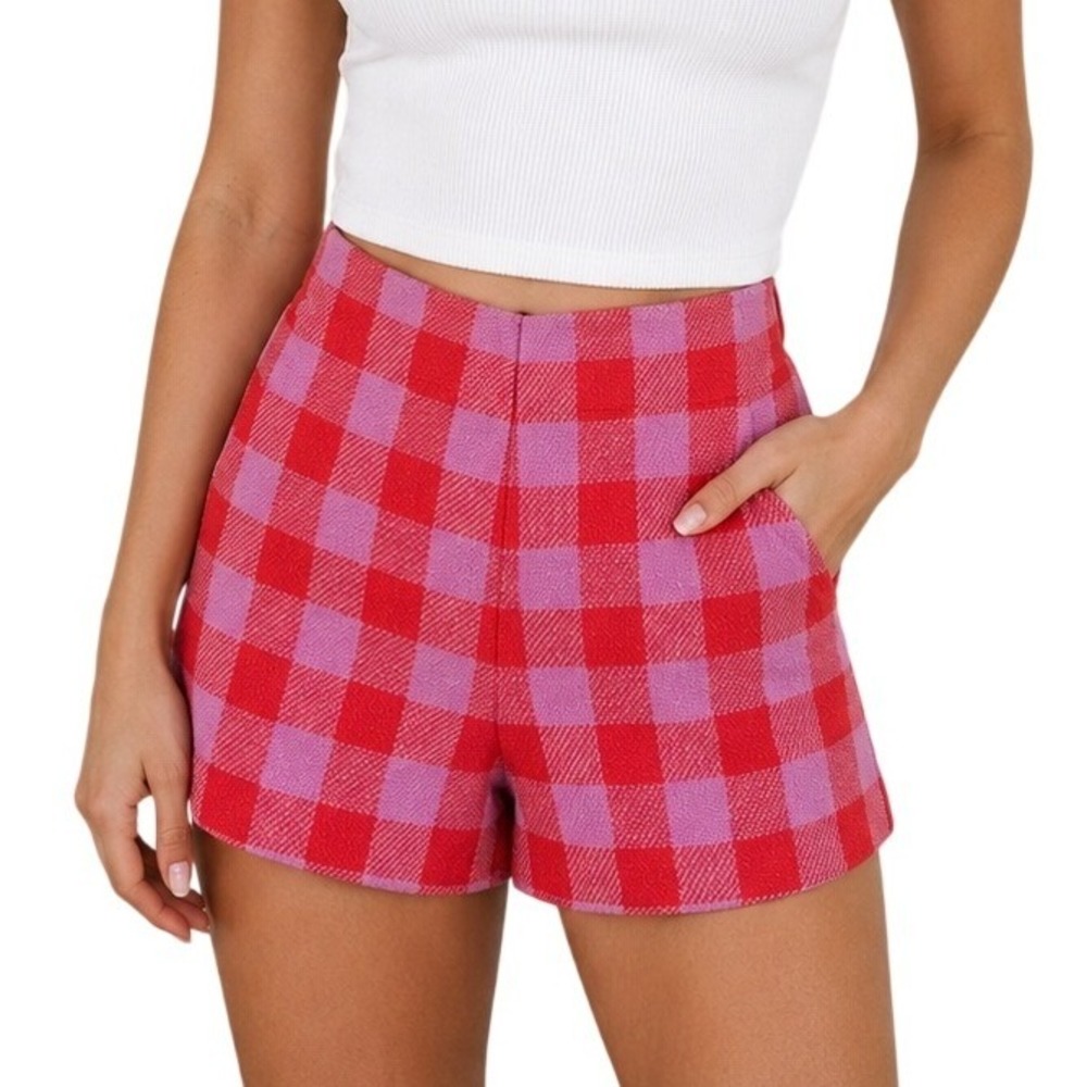 Ann Taylor Red Purple Buffalo Check High‎ Rise Tweed Shorts Women's 6